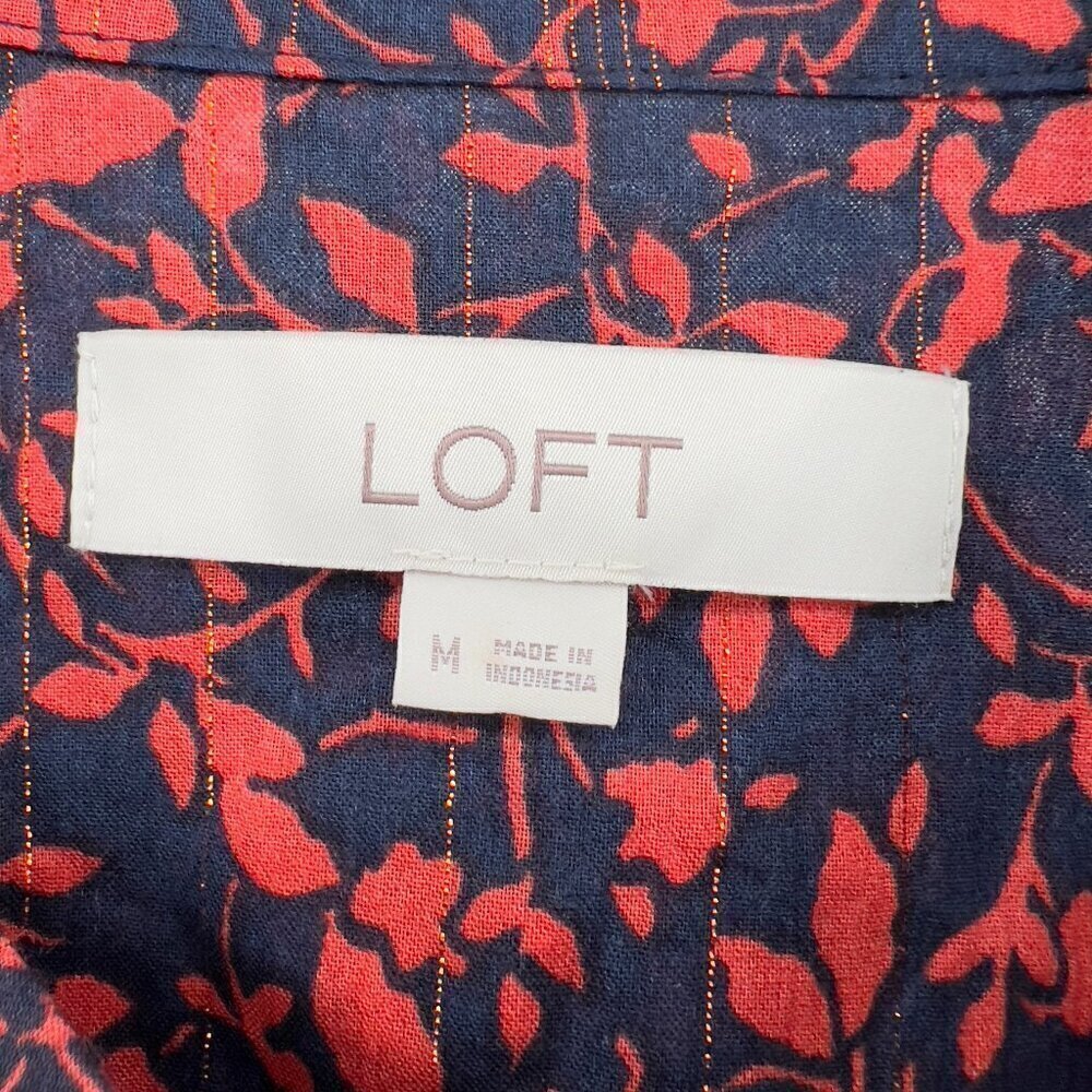 LOFT Women's Forever Navy Long Sleeve Shimmer Floral Blouse fall M - Picture 7 of 9